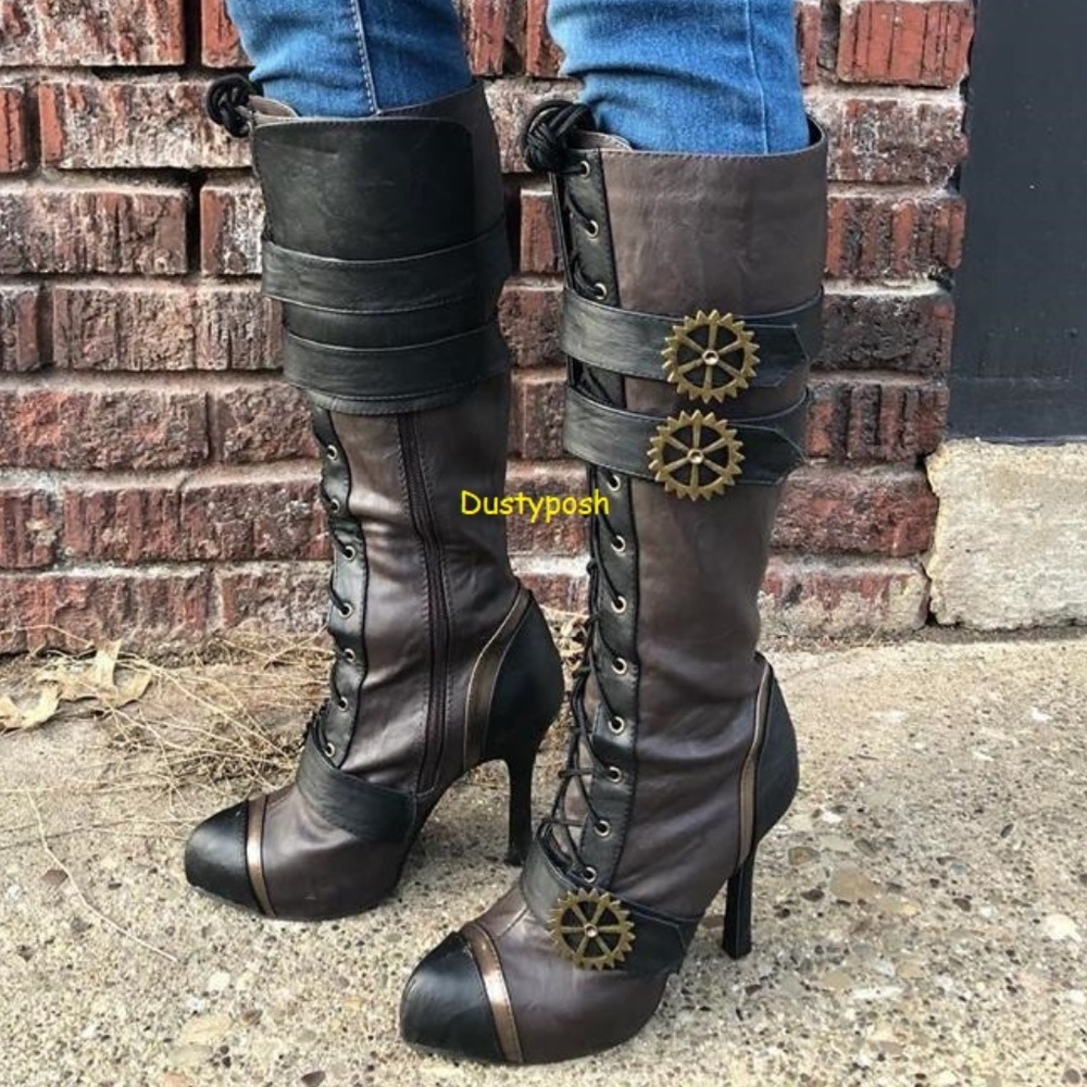 Steampunk Knee High Lace Up 4" Heel Boot Wild West Sexy Goth Cosplay Pirate